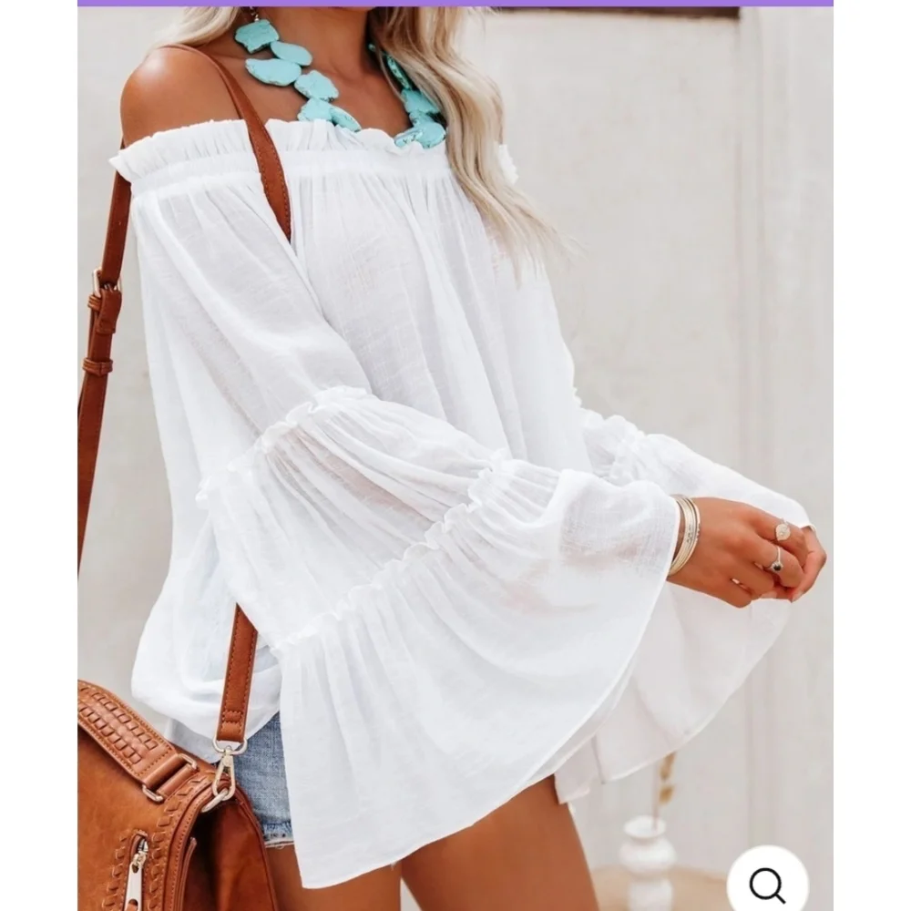 Chic white boho flowy off the shoulder tiered bell sleeve tunic top - Picture 5 of 8